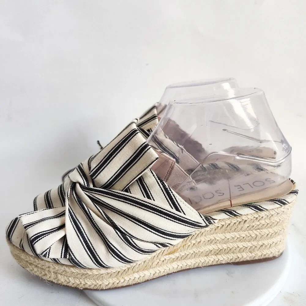 Sole Society Mules Size 9 Slides Linen Cream‎ Blue Striped Bow Flats Closed Toe